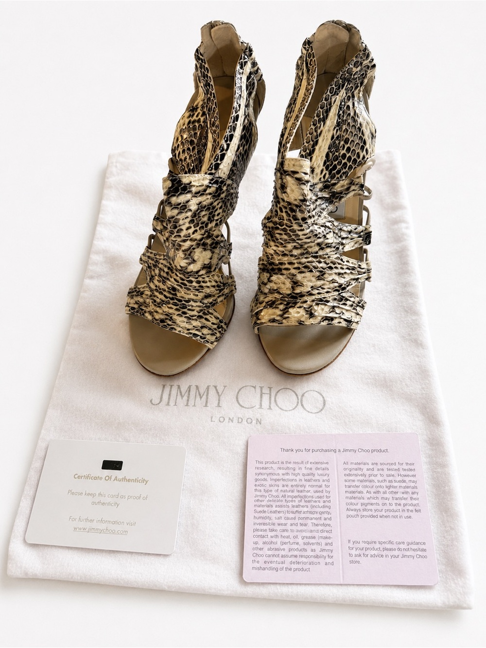 Jimmy Choo Beige and Black Snake skin Strappy Heels luxury designer open toe
